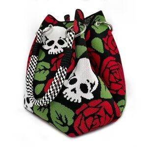 SOLD - Skull and Roses Woven Bucket Bag - Red and Green New in Package